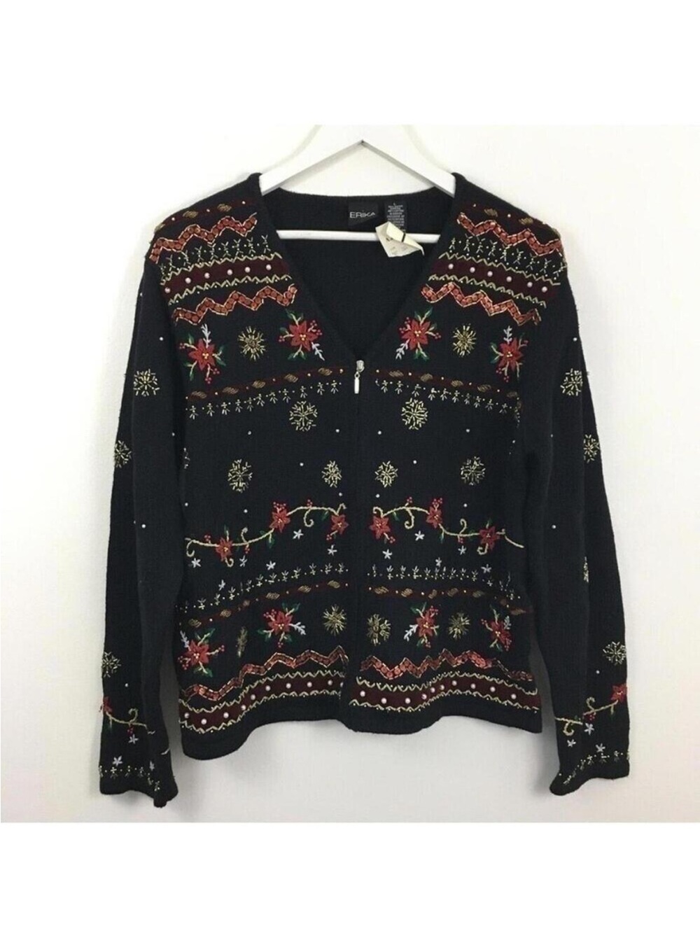 NWT Erika Women’s Beaded Zip Up Christmas Sweater Size L